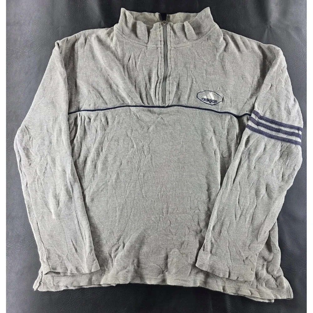 Adidas Mens Vintage Grey Waffle Knit Quarter Zip Pullover Long Sleeve Shirt L